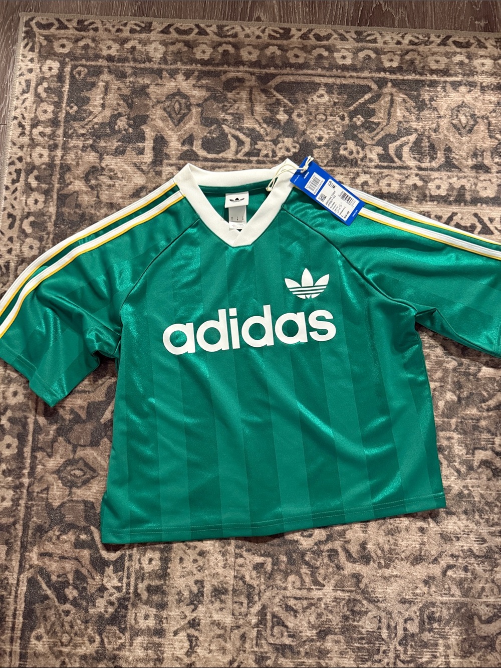 NWT Youth L adidas Green Jersey with White Logo and Yellow-Trim Stripes